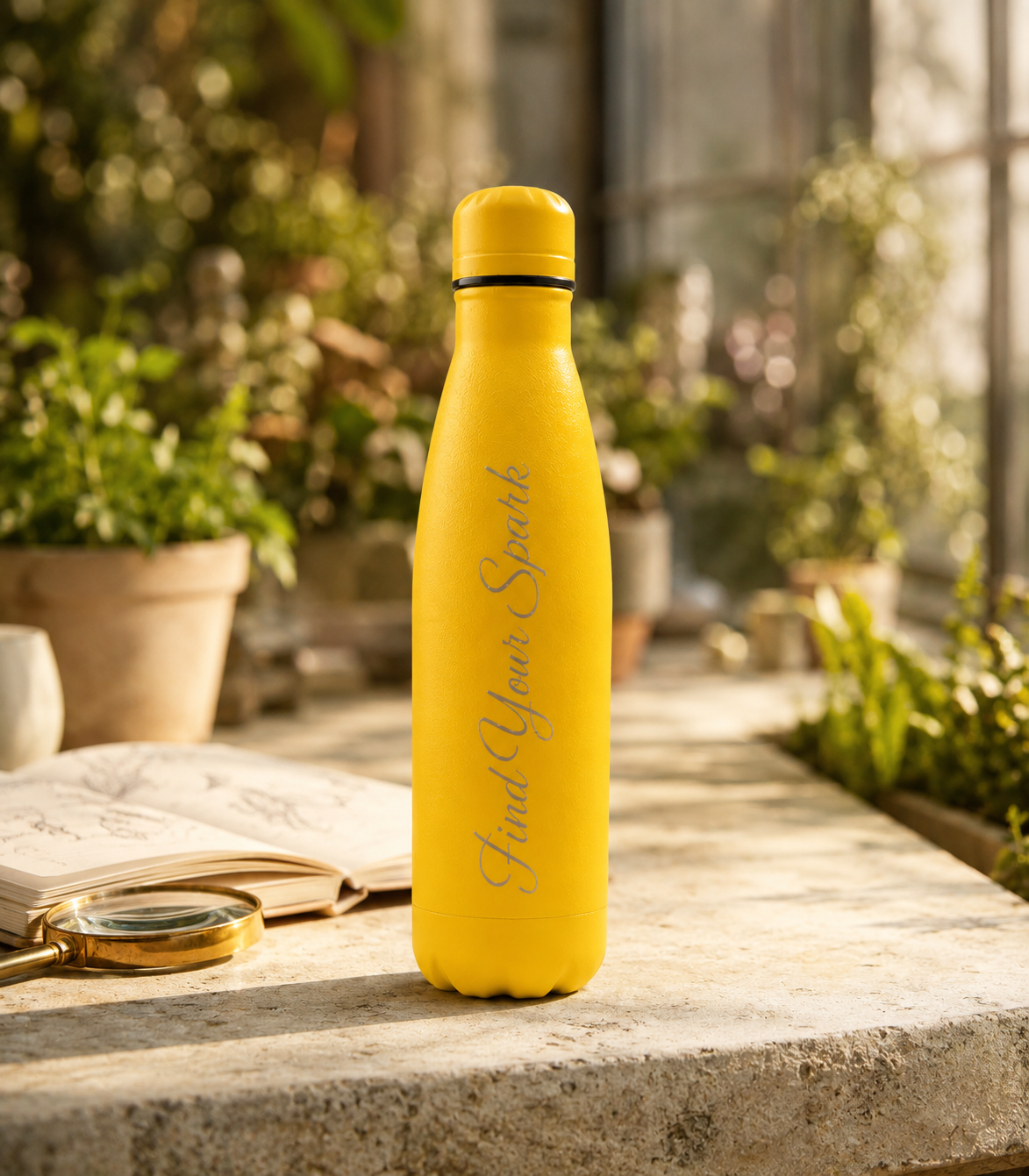 Yellow 500ml personalised stainless steel water bottle engraved “Find Your Spark” in a sunlit garden with plants and notebook | Willys Bottles