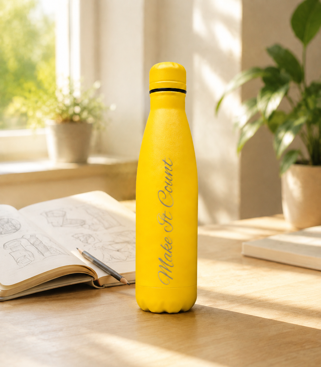 Yellow 500ml personalised stainless steel water bottle engraved “Make It Count” on a sunny desk with notebook and plants | Willys Bottles