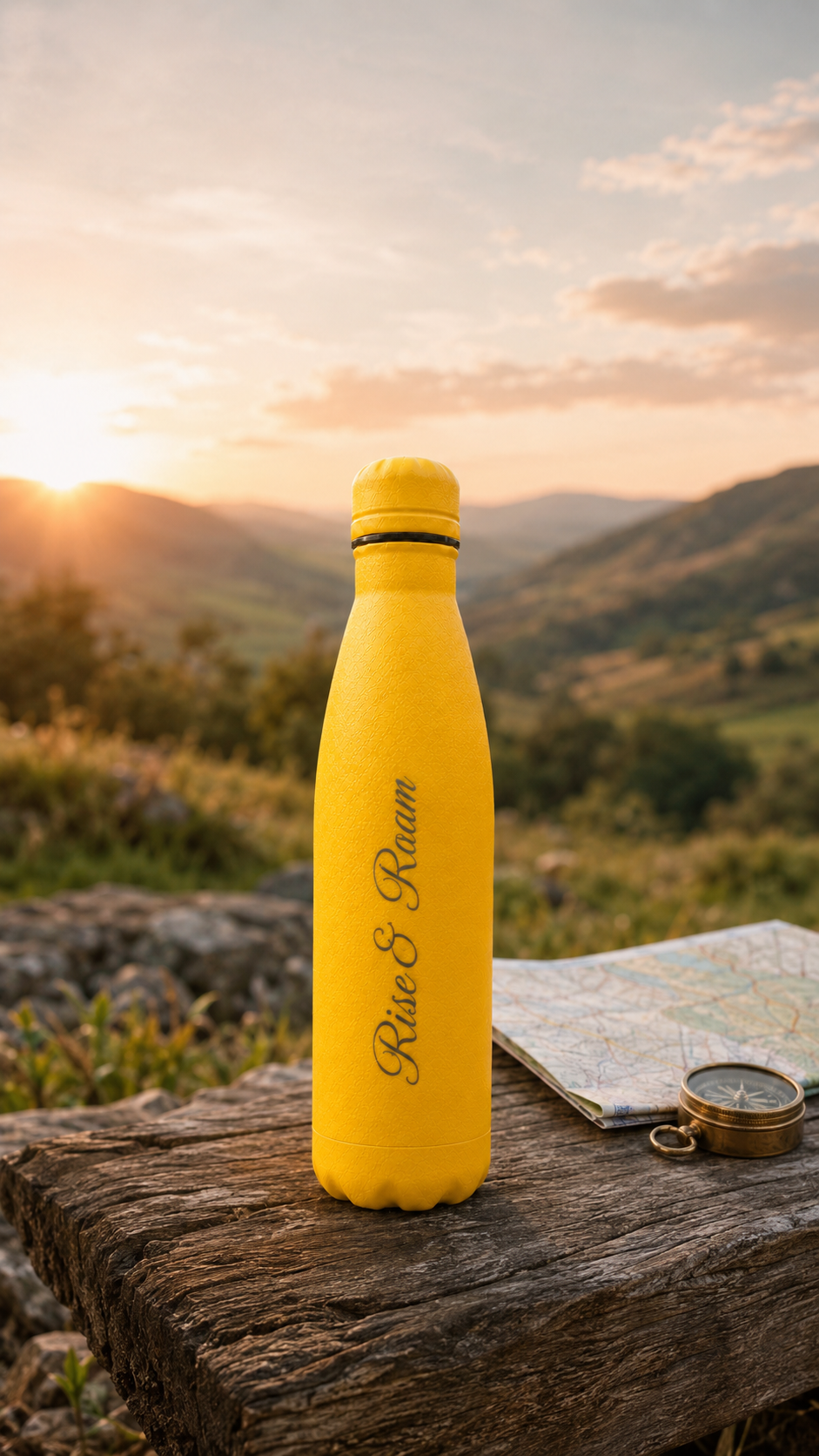 Yellow 500ml personalised stainless steel water bottle engraved “Rise & Roam” on a hiking trail at sunset with map and compass | Willys Bottles