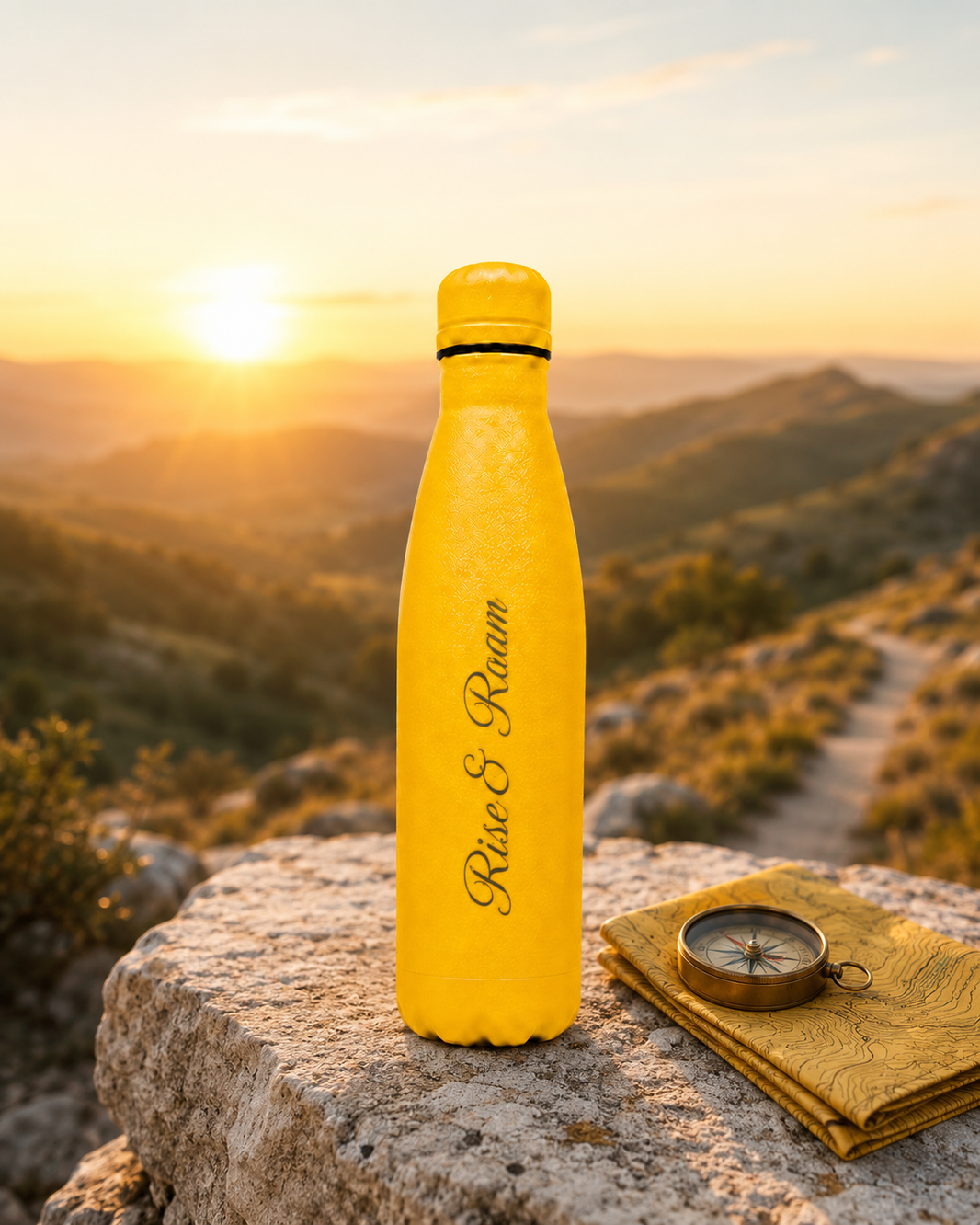 Yellow 500ml personalised stainless steel water bottle engraved “Rise & Roam” at mountain sunrise with map and compass | Willys Bottles