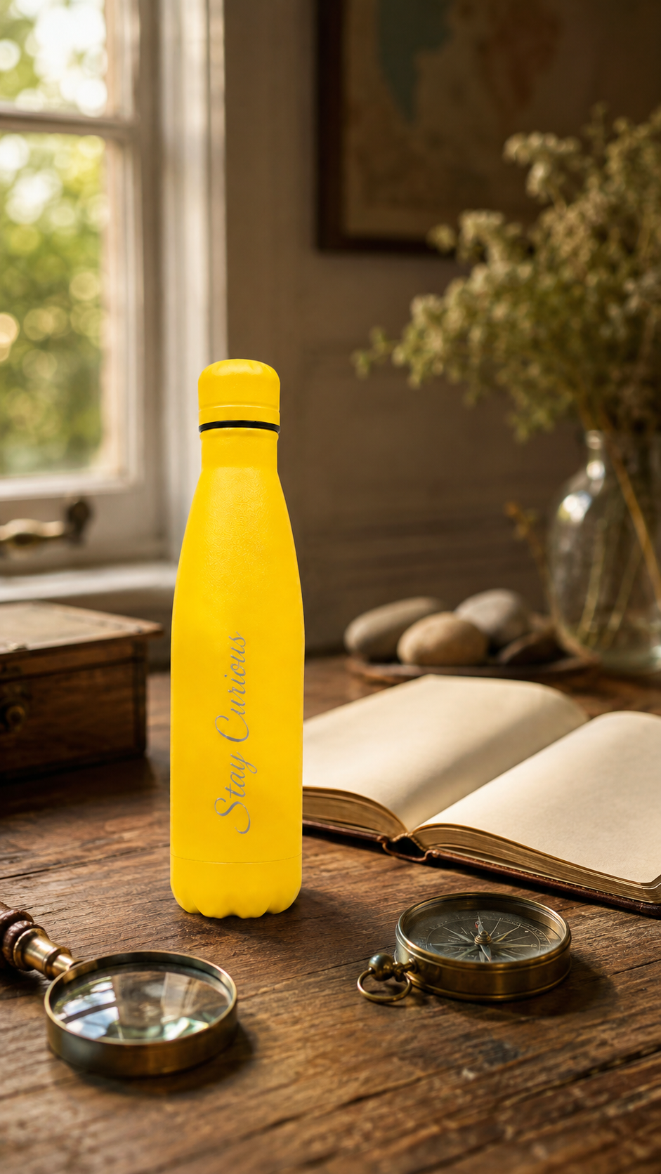 Yellow 500ml personalised stainless steel water bottle engraved “Stay Curious” on a reading desk with book, compass and magnifying glass | Willys Bottles