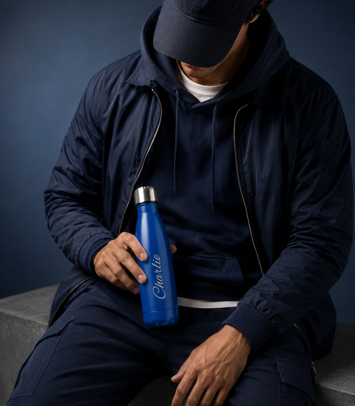 Personalised Stainless Steel Cola Shape Water Bottle - 500ml - Navy