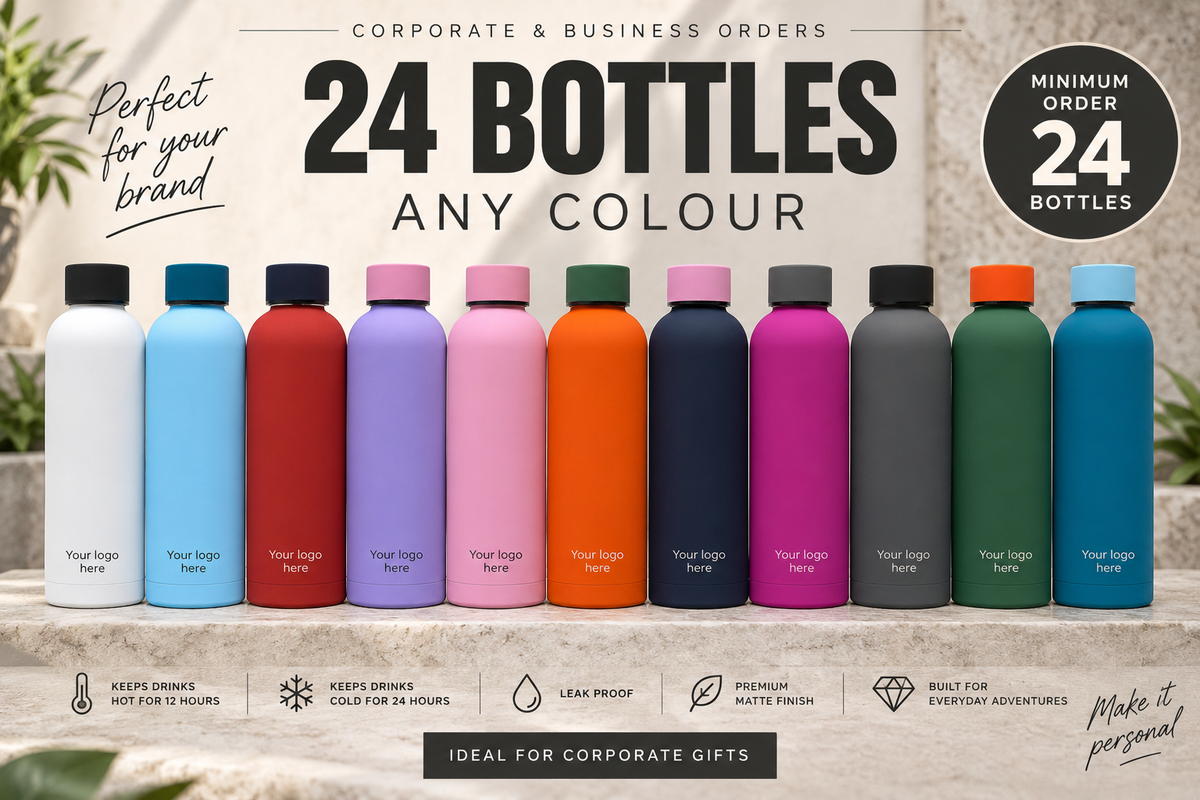 24 personalised EasyPour stainless steel water bottles in assorted colours with company logo engraving for corporate orders