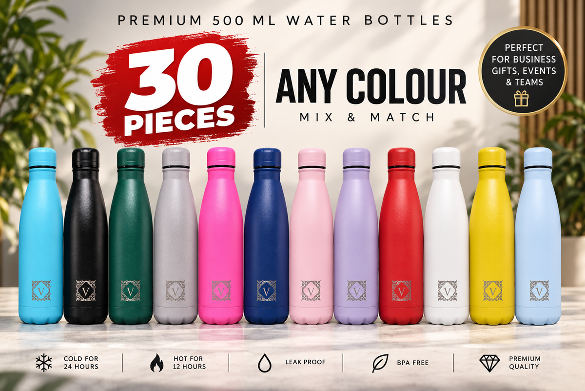 Pack of 30 personalised 500ml Cola Shape stainless steel water bottles available in 12 colours with custom company logo engraving