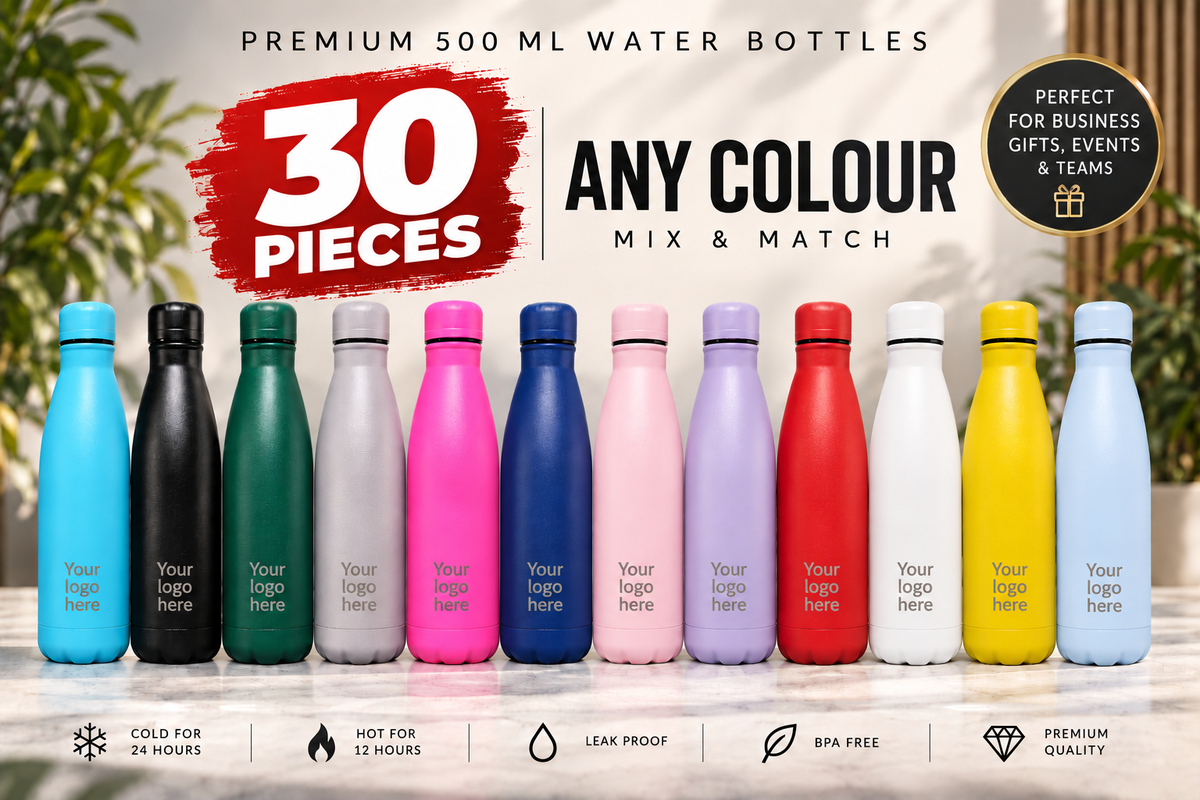 Pack of 30 personalised 500ml Cola Shape stainless steel water bottles available in 12 colours with custom company logo engraving