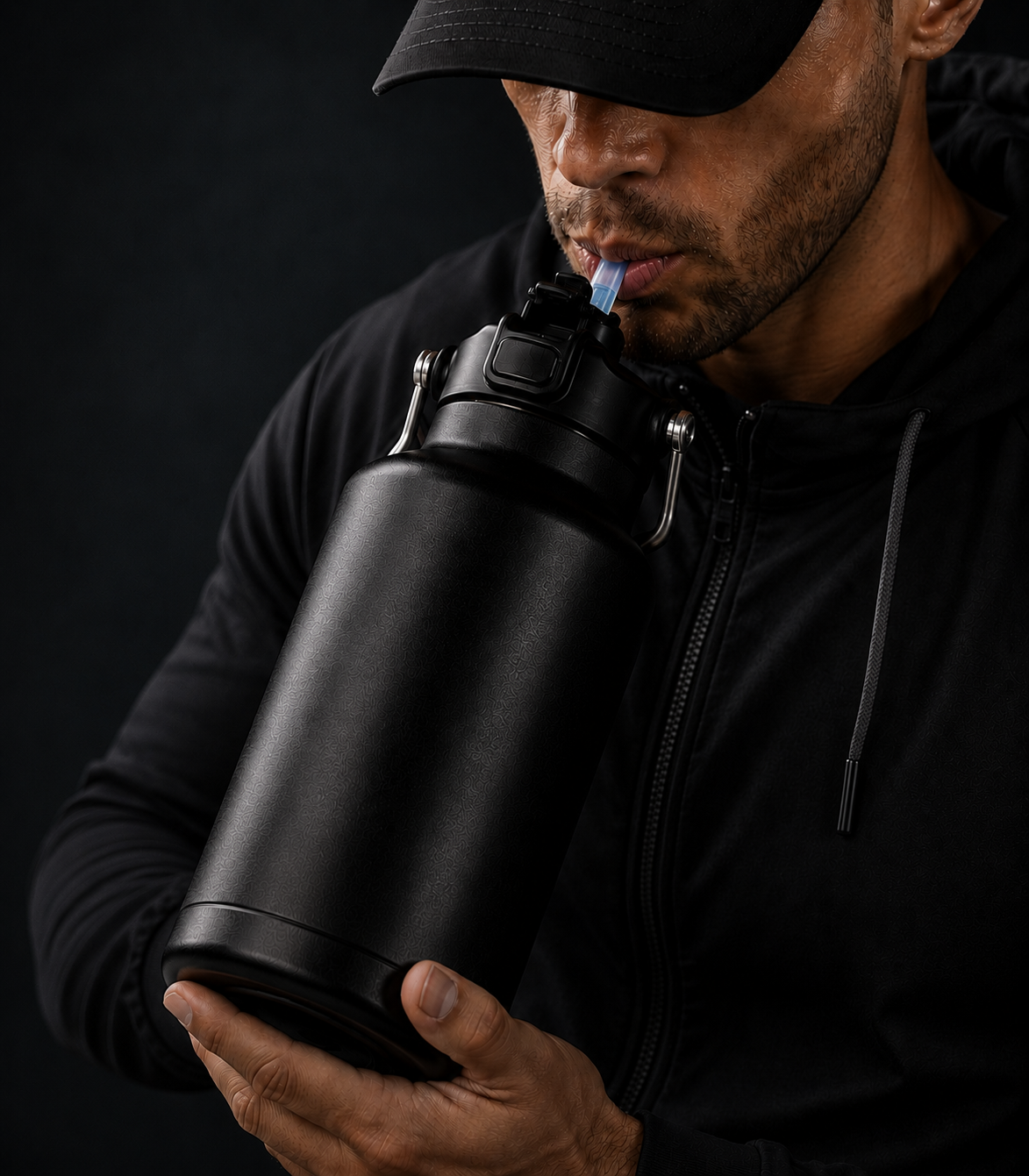Versai 1.1L/2.2L Black Stainless Steel Straw Spout Water Bottle